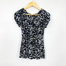 Style & Co Womens Top Small Black/White Floral Print Pleated Scoop Neck