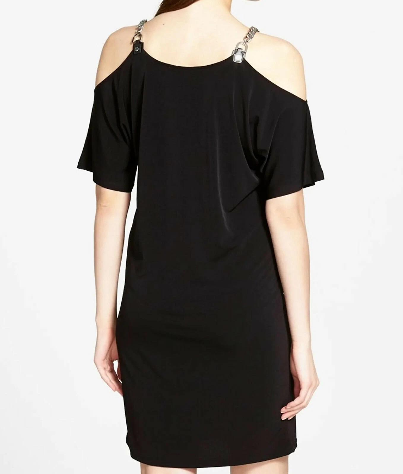 Abito tubino nuovo con etichette $120 Michael Kors cinturino catena spalle fredde nero XS