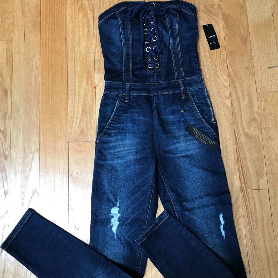 Bebe NWT Lace Up Denim Catsuit - Image 3 of 4