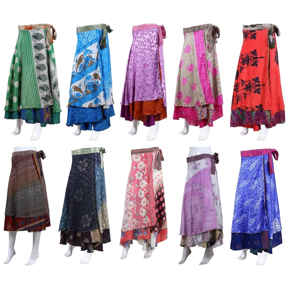 30 PC Vintage Silk Sari Magic Wrap Around Frill Skirt Dress Wholesale Lot Indian - Image 2 of 4