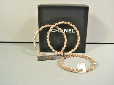 Chanel 3 Bracelets Stackable Dark Beige Leather Gold Woven 