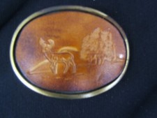 Vintage Deer Woods Trees Embossed Leather on Brass Belt Buckle Fits 1 1/2 Belt