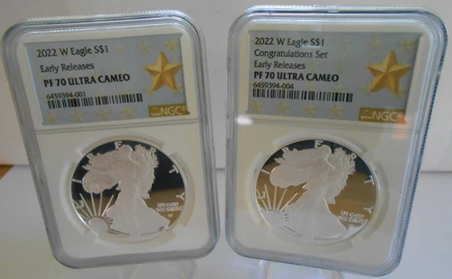 (2 COINS) 2022W PROOF AMERICAN SILVER EAGLE & CONGRATULATIONS SET ER NGC PF70