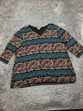 Notations Top Woman Size 3X Green Beige Design 3/4 Sleeve V-Neck Blouse