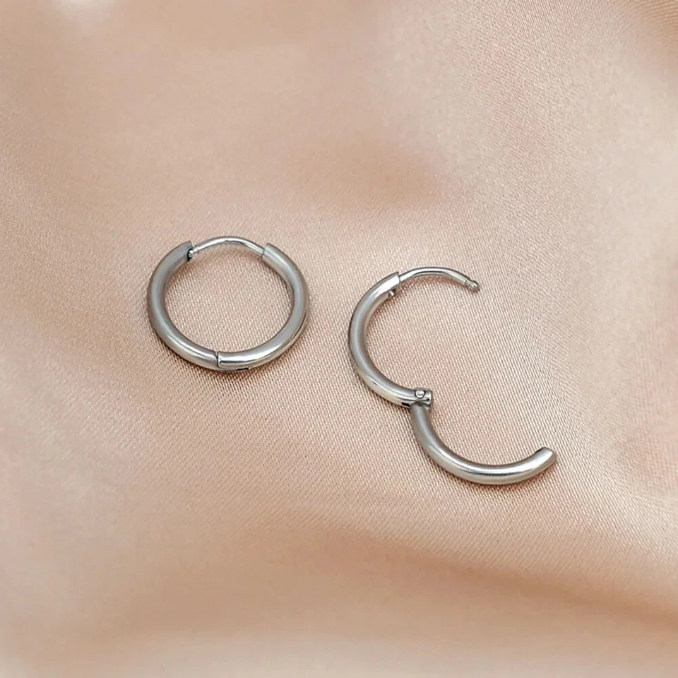 Shiny 316l Sterling Silver Simple Plain Huggie Hoop Circle Earrings Women Gift - Image 3 of 4
