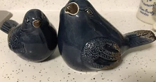 Distressed Ceramic Decor Blue Bird Figurines Set of 2 Mom And Baby Burd