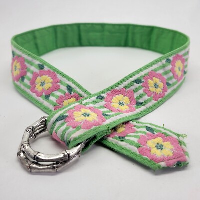 Flower Bamboo Buckle Belt 28 30 32 34 S M Ring Embroidered