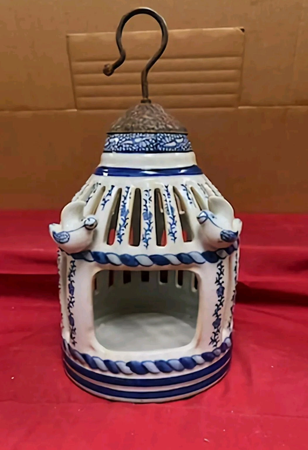 Beautiful Vintage Chinese Ceramic Birdcage Large Blue/White Decorative Cage -A53