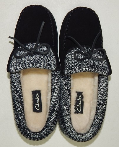 Clarks Size 8 M EU 39 Women's Suede Sweater Trim Slip-On Moccasin Slippers Black - Picture 7 of 9