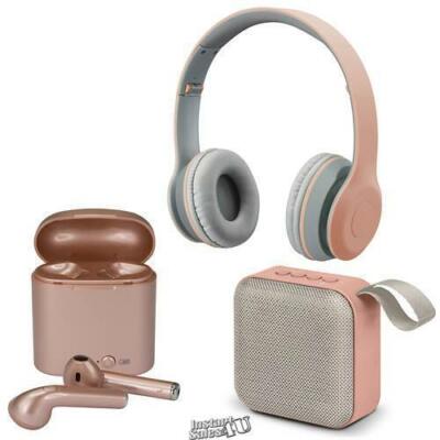 iLIVE 3-Piece Wireless Rose Gold Pink Speaker Headphone Earbud Set Mic Bluetooth