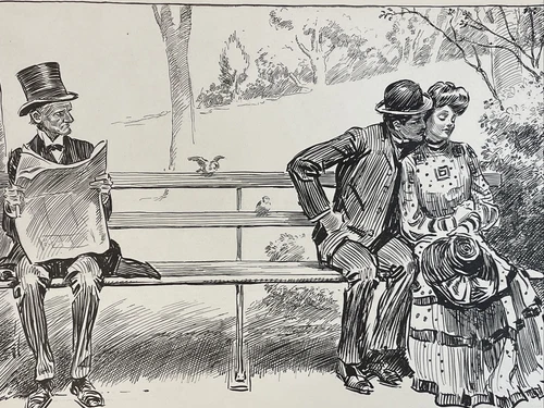 Gibson Girls Print Antique Art Sketch 11”x17” SIGNS OF SPRING Man Women On Bench