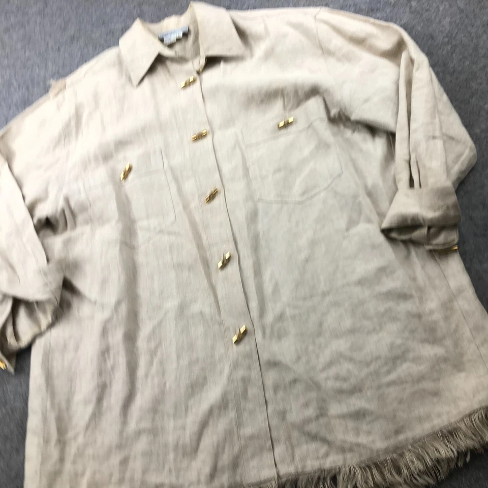 Blusa vintage Bloomingdale’s para mujer mediana beige lino abotonada Lagenlook Foto 3 de 4