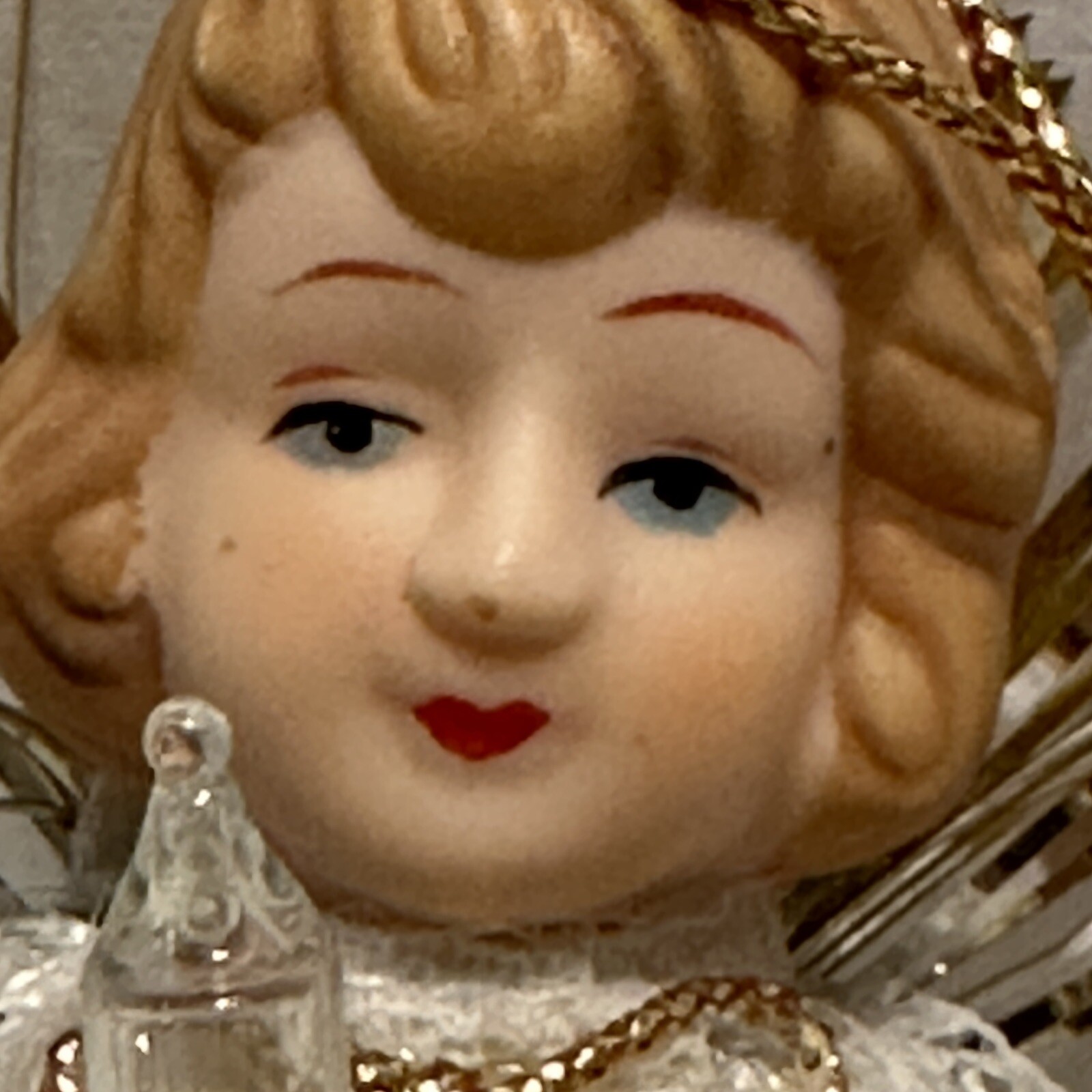 Vintage Lighted Porcelain Angel Christmas Tree Topper Ornament Tinsel