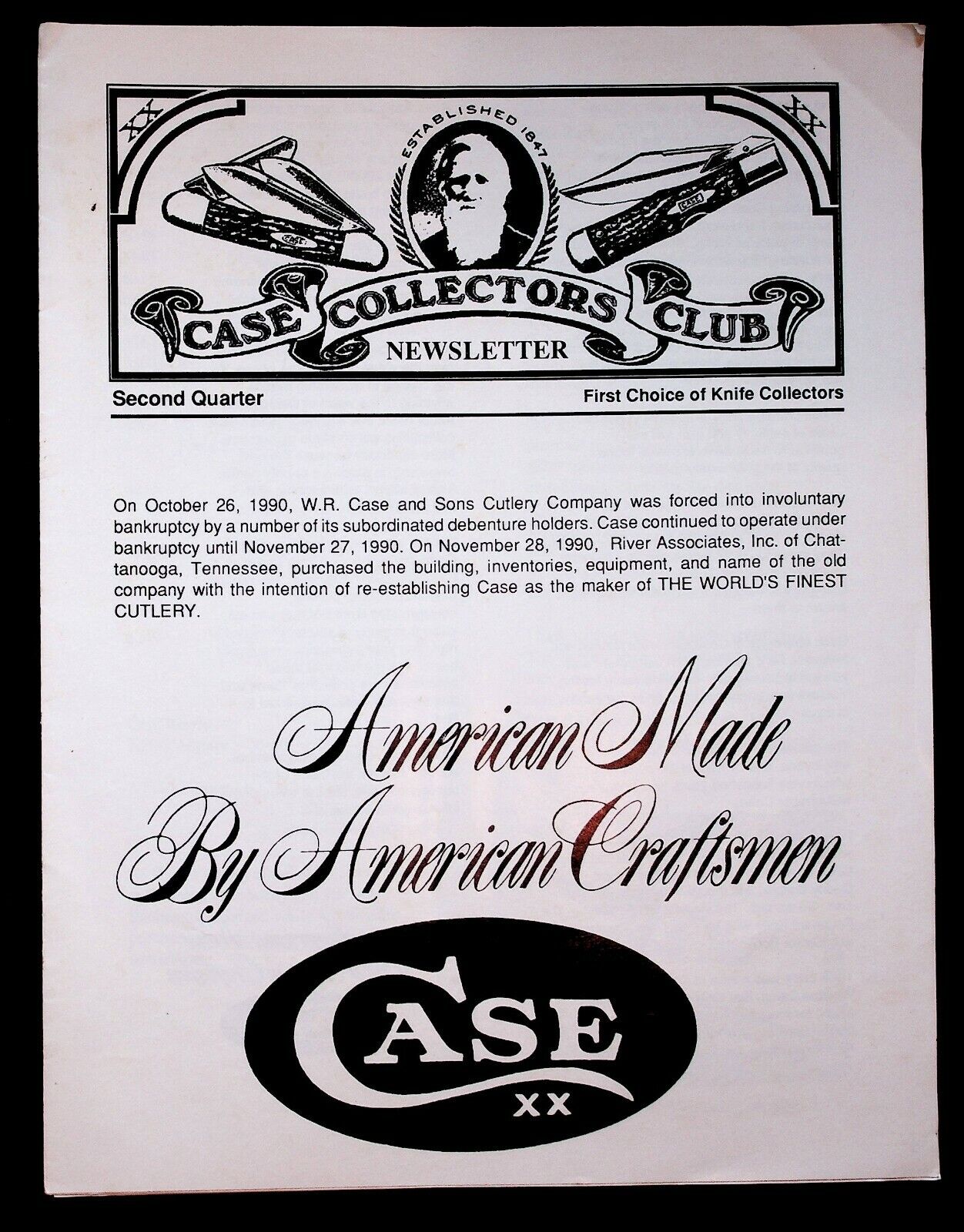 1991 Case & Sons Cutlery Knife Collectors Club Newsletter Bankruptcy River Assoc