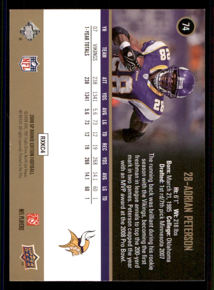 2008 SP Rookie Edition #74 Adrian Peterson - Image 2 of 2
