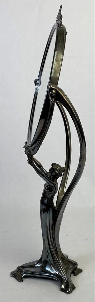 Espelho de penteadeira de banheiro figura de estanho prata WMF Art Nouveau assinado - Imagem 4 de 4