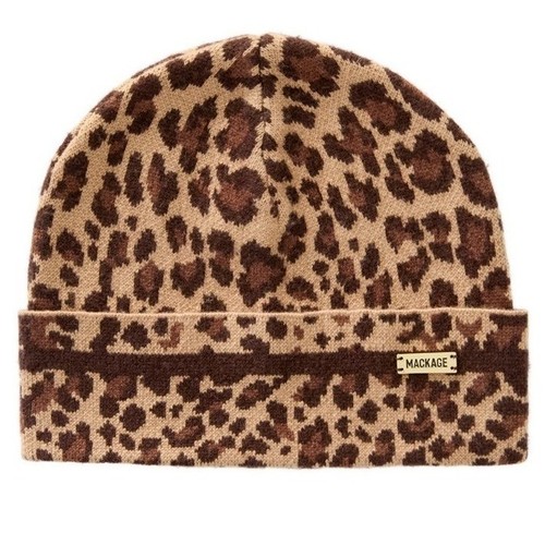 Mackage Women Kiko-A Beanie OS Leopard Print Knit Toque Hat Luxury Chic Warm NWT