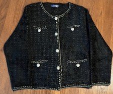 NWT Women s Tweed Jacket Blazer Black W/Gold Trimmings Pearl Decorative Buttons.