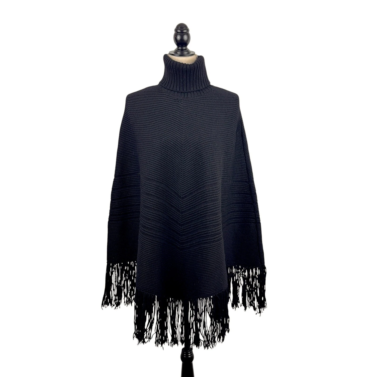 Banana Republic Black Merino Wool Knit Poncho M/L Turtleneck Fringe