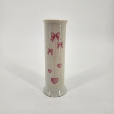 Vintage F.T.D.A 7  Tall Slim White Porcelain Bud Vase With Pink Bows & Hearts
