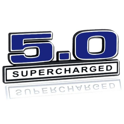 5.0 Liter V8 Supercharged Engine Stick On Emblem Logo in Blue & Chrome Trim