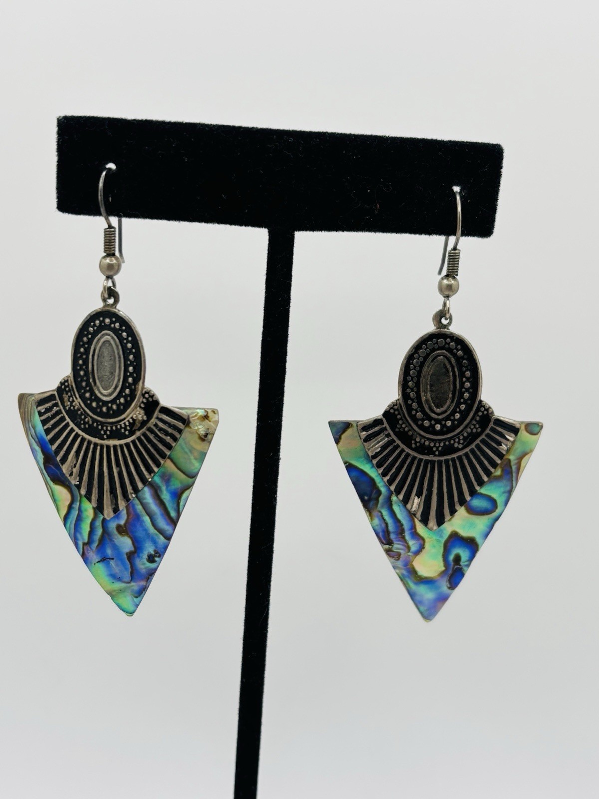 Vintage MOP Abalone Shell Triangle Drop Dangle Ea… - image 9