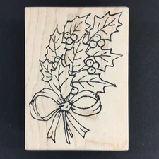 Holly And Berries Bouquet With Bow Christmas Sprig Rubber Stamp Wood Mounted