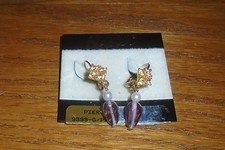 50 OFF Vintage NAPIER PEARL GOLD TONE with Violet Dangle Pierced Earrings - NEW