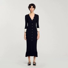 Sandro Black V-neck Flared long sleeves Long knitted Dresses