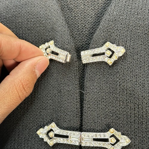St. John Evening Knit Hook Eye Cardigan Sweater Black Silver Gold Crystal Sz 10 - Picture 11 of 19