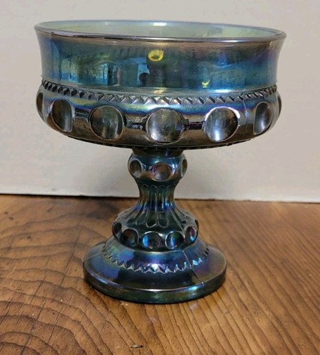 VNTG Blue Carnival Glass Footed Bowl Candy Dish Thumbprint 5 1/2" Tall - Picture 1 of 4