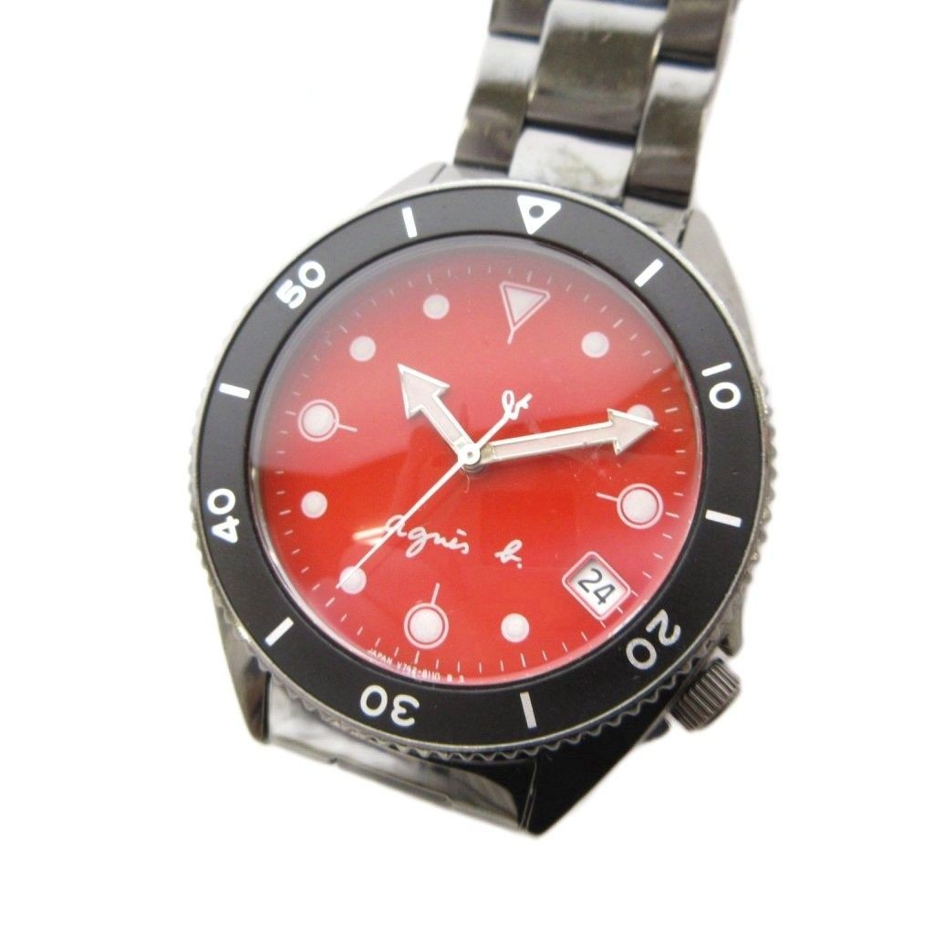 Agnes b V742-8060 Women Quartz Working Black Red Dial Japan