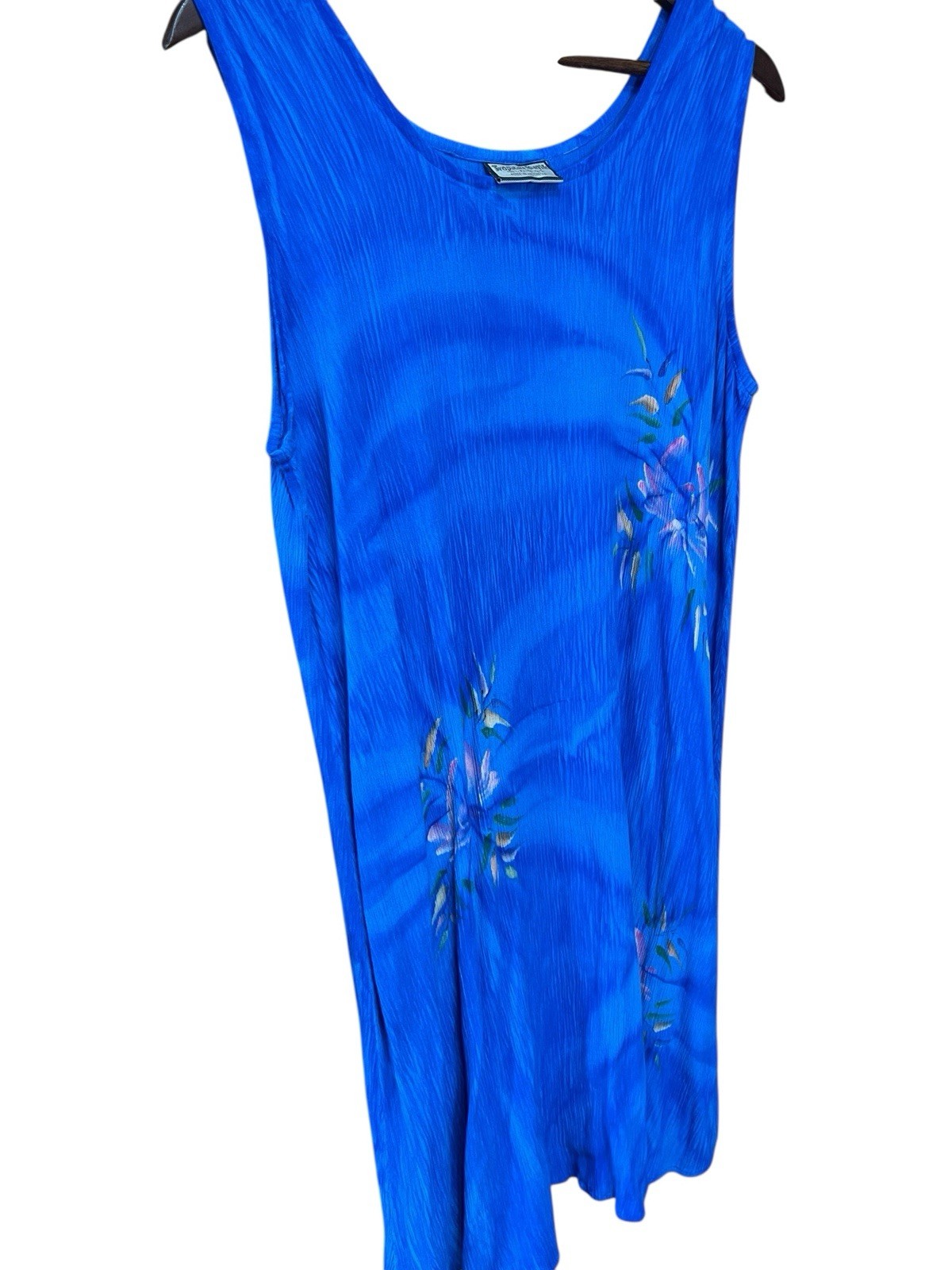 Tropical Batik Blue Dress Floral Sleeveless Vacation Sundress Sun Rayon One Size