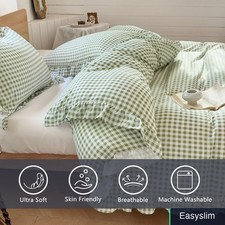 Duvet Cover Gingham Ruffle Twin Size Sage Green Microfiber 2 Piece Set