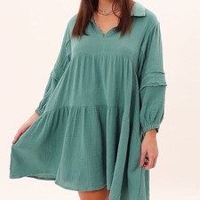NWT &merci Dusty Teal Long Sleeve Tiered Peasant Distressed Dress w/ Collar Sz L