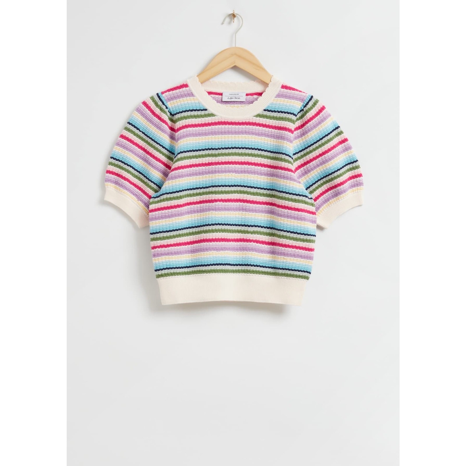& Other Stories Striped Scallop Knit Puff Sleeve Blouse Top Sz XS Multi Preppy