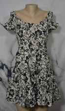 AMERICAN EAGLE Tan Black Floral Off The Shoulder Dress Small Tiered Skirt Lined
