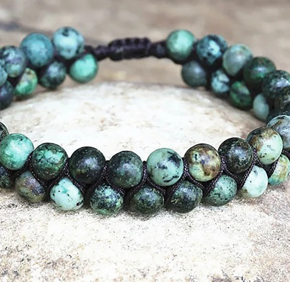 Handmade African Turquoise Double Row Bracelet – Adjustable, 6mm Beads green - Image 2 of 2