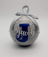 Brand New 8cm Christmas Flashing Bauble Silver Glitter Ribbon Personalised