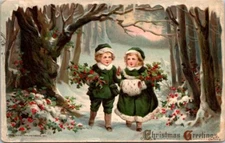 Postcard Christmas Greetings...Children Gather Holly Branches in Forest    20201