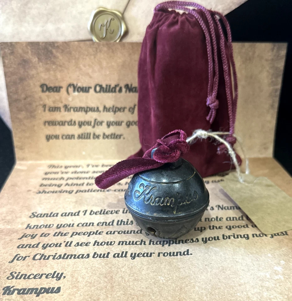 Campana Krampus Metal No Plástico Grabado Jingles con Krampus letra 1:1 Réplica Foto 3 de 4
