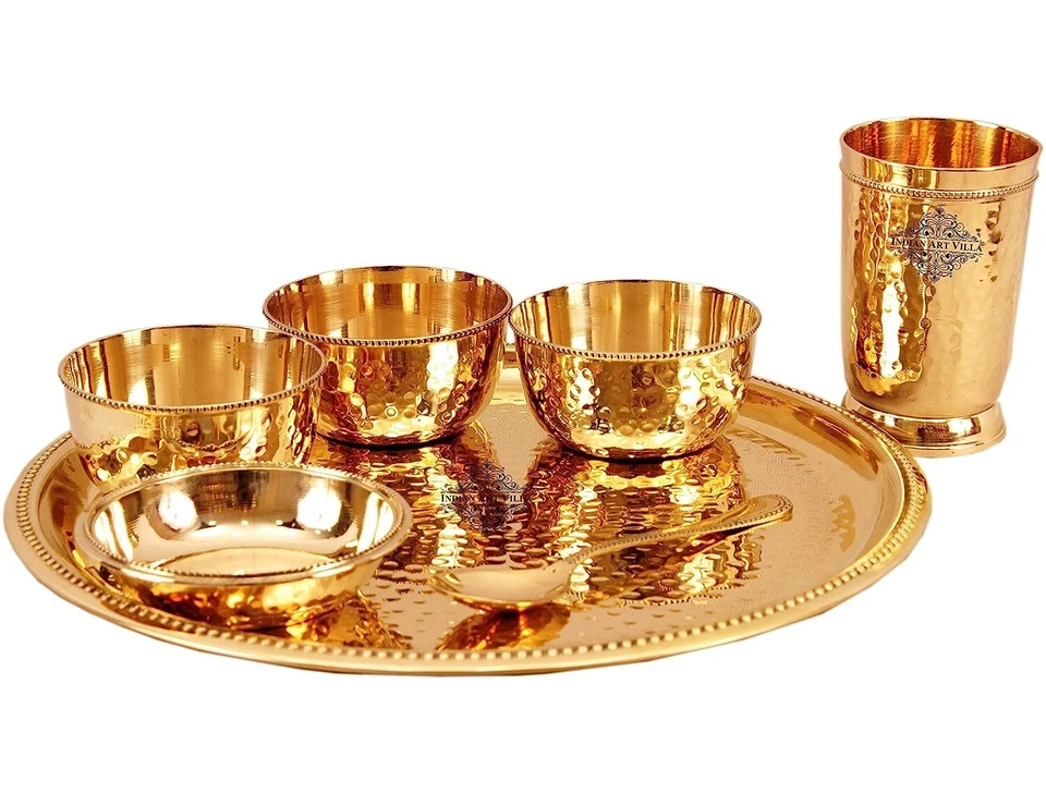 Brass 7 Pcs Dinner Set Plate, 1 Glass, 1 Spoon, 1 Small Plate & 3 Bowls Set of 2 - Image 4 of 4