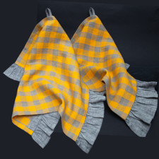 Set 2 Ruffled Linen Kitchen Towels gray yellow gingham with loop Stonewashed