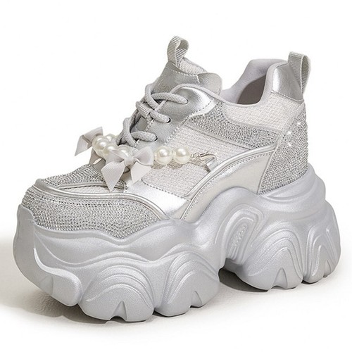 Sneaker moda donna glitter traspiranti plateau zeppa stivaletti stringati - Foto 5 di 24