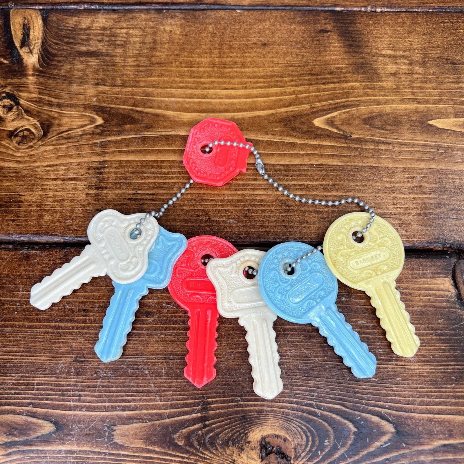 Lot of 6 Vintage 1950's Hard Plastic Baby Keys Teething Toys on Chain Blue Red