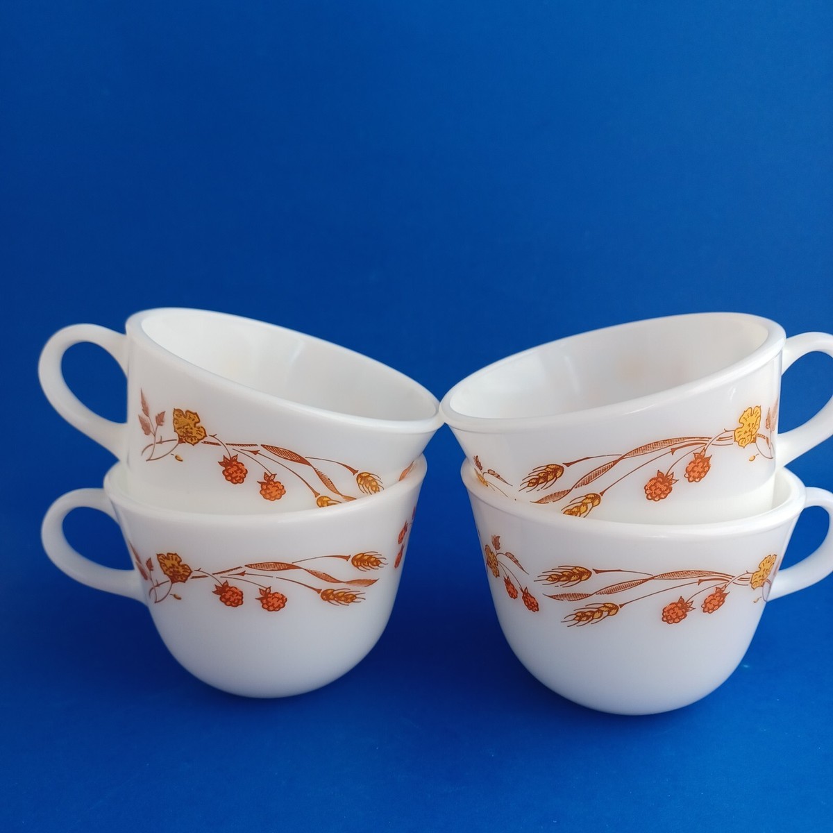 Corning Pyrex HARVEST HOME Pattern Milk Glass Coffee Cups Vtg Wheat  Raspberry
