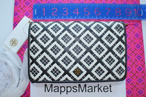NWT TORY BURCH Robinson Woven Leather Chain Wallet Crossbody Black/Ivory Giftbag - Picture 11 of 12