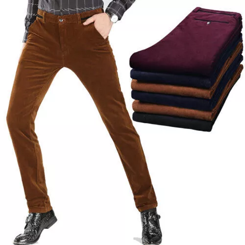 Men's Pants Corduroy Pants Trousers Slim Fit Casual Stretch Classic Black Brown@ - Picture 1 of 26