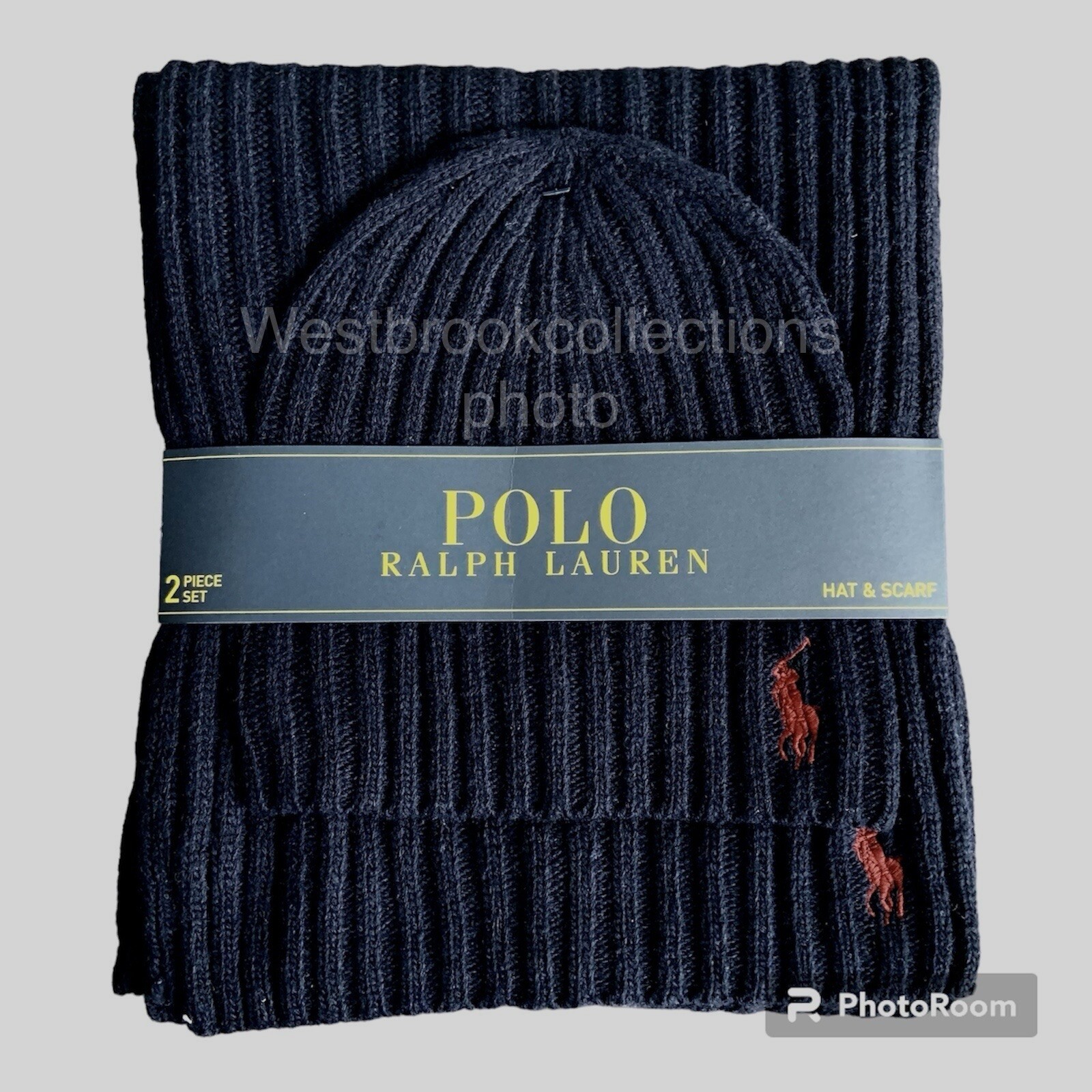 Autentico set sciarpa cappello Polo Ralph Lauren blu navy misto lana agnello logo pony