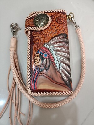 Indian Chief Carved Wallet Handmade Cowboy Wallet Mens Bifold Wallet Gift X81